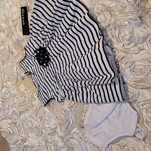 Toddler Dress Navy & White Stripes Floral Accent W/Bloomers